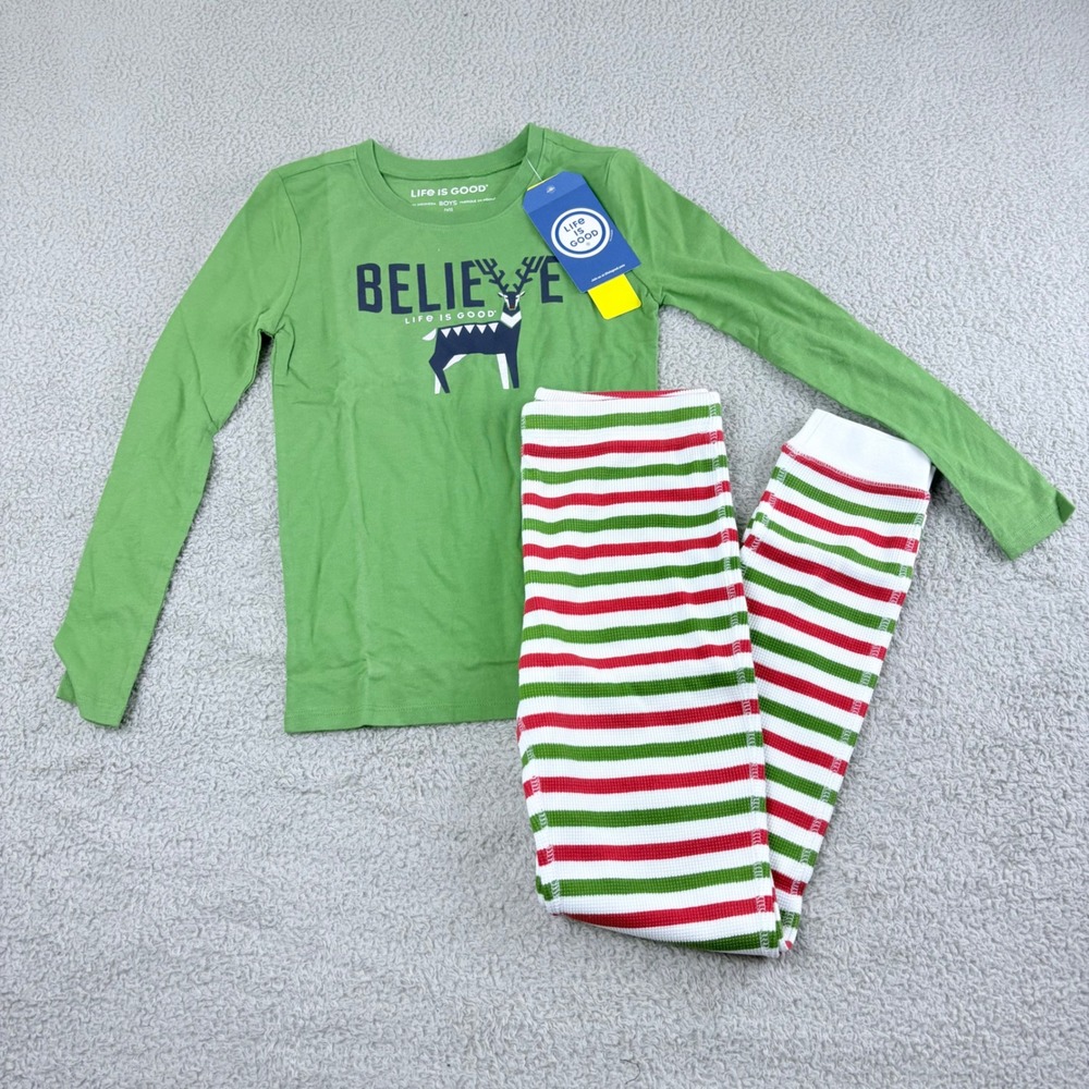Life is Good Pajama Set Boys Size 10 Green Red Believe Reindeer Striped 2pc NWT